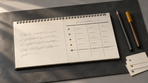 Photographie éditoriale réaliste, vue de dessus en légère plongée : un cahier à spirale métallique ouvert à plat sur un sous-main en cuir lisse gris foncé, posé sur un bureau contemporain gris clair mat. La page de gauche porte un paragraphe manuscrit de quatre à cinq lignes au crayon graphite, traits irréguliers totalement illisibles, sans aucun mot reconnaissable. La page de droite porte un tableau manuscrit à quatre colonnes dessinées à la règle, rempli de marques sobres : trois lignes avec une petite marque verte olive à gauche, une ligne avec une marque ambre ocre à gauche, et une ligne avec une marque graphite à gauche traversée d'un trait franc tracé à la règle en travers de toute la ligne, comme une affirmation barrée et coupée. À droite du cahier, un crayon de papier taillé gris foncé et un feutre fin à pointe ronde bille au corps en bois huilé foncé et capuchon ambre mat. En bas à droite, une petite pile de trois fiches bristol crème décalées d'un millimètre, chacune portant une marque sobre identique à celles du tableau. Lumière du jour franche et légèrement chaude venant de la gauche, ombres physiquement cohérentes, arrière-plan gris neutre flou et vide. Aucun écran, aucun terminal, aucune interface, aucun titre incrusté, aucun mot lisible, aucun chiffre, aucune date imprimée.