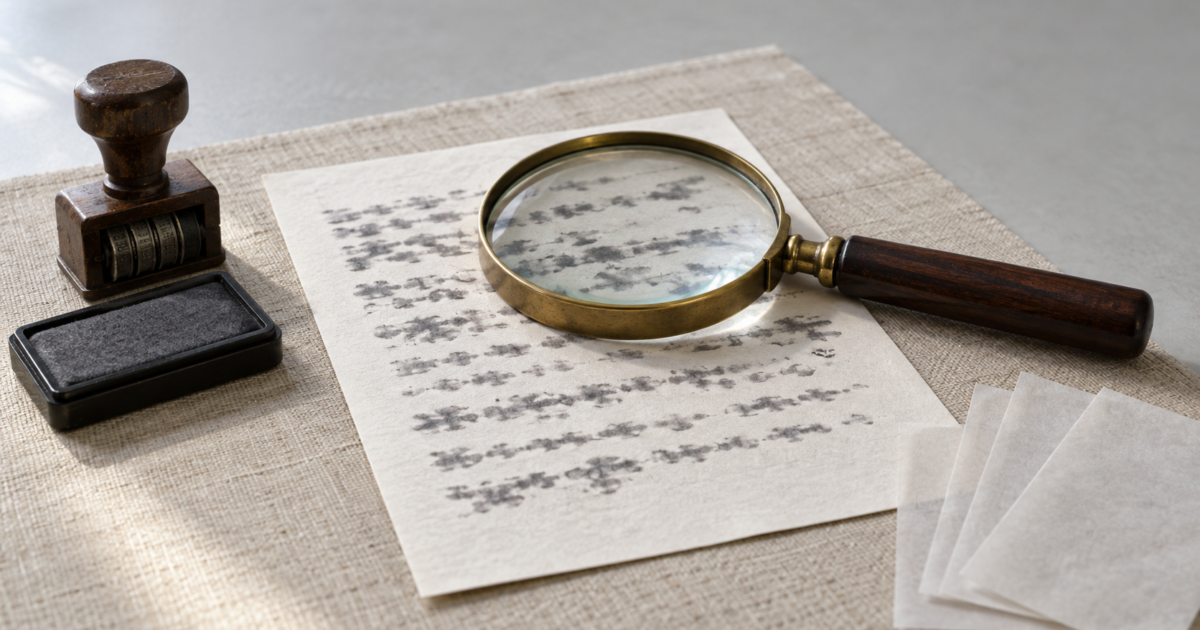 Photographie éditoriale réaliste, plan rapproché à hauteur de table sur un sous-main en lin écru : une feuille de papier blanc cassé format A5 posée à plat, portant un texte typographique tellement flou qu'aucun mot n'est reconnaissable ; une loupe d'archiviste à monture de laiton mat et manche en bois foncé repose en diagonale sur la feuille ; à gauche, un tampon dateur en bois foncé debout et un petit tampon encreur en bakélite noire à feutre gris anthracite ; en bas à droite, trois fines bandes de papier calque vierges superposées en éventail. Lumière du jour neutre venant de la gauche, ombres physiquement cohérentes, arrière-plan gris neutre flou et vide. Aucun écran, aucun terminal, aucune interface, aucun titre incrusté, aucun mot lisible, aucun chiffre, aucune date imprimée.