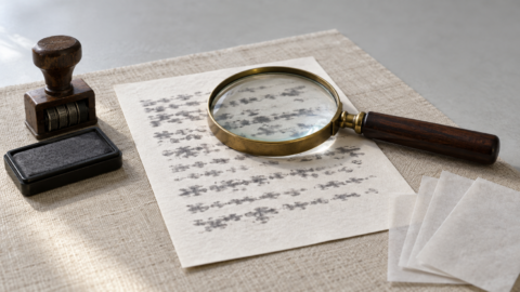 Photographie éditoriale réaliste, plan rapproché à hauteur de table sur un sous-main en lin écru : une feuille de papier blanc cassé format A5 posée à plat, portant un texte typographique tellement flou qu'aucun mot n'est reconnaissable ; une loupe d'archiviste à monture de laiton mat et manche en bois foncé repose en diagonale sur la feuille ; à gauche, un tampon dateur en bois foncé debout et un petit tampon encreur en bakélite noire à feutre gris anthracite ; en bas à droite, trois fines bandes de papier calque vierges superposées en éventail. Lumière du jour neutre venant de la gauche, ombres physiquement cohérentes, arrière-plan gris neutre flou et vide. Aucun écran, aucun terminal, aucune interface, aucun titre incrusté, aucun mot lisible, aucun chiffre, aucune date imprimée.