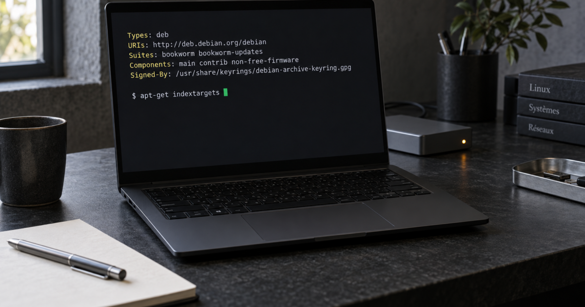 Écran d’un terminal affichant une source APT Debian et la commande apt-get indextargets.