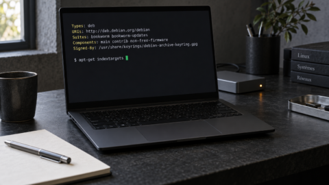 Écran d’un terminal affichant une source APT Debian et la commande apt-get indextargets.