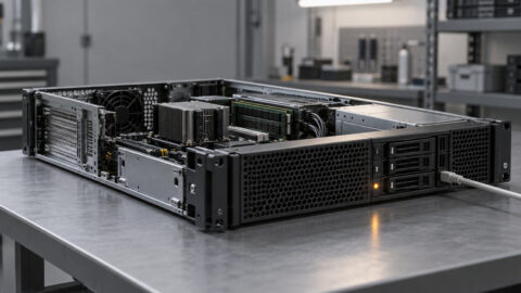Serveur rack ouvert avec câble réseau et voyant ambre.