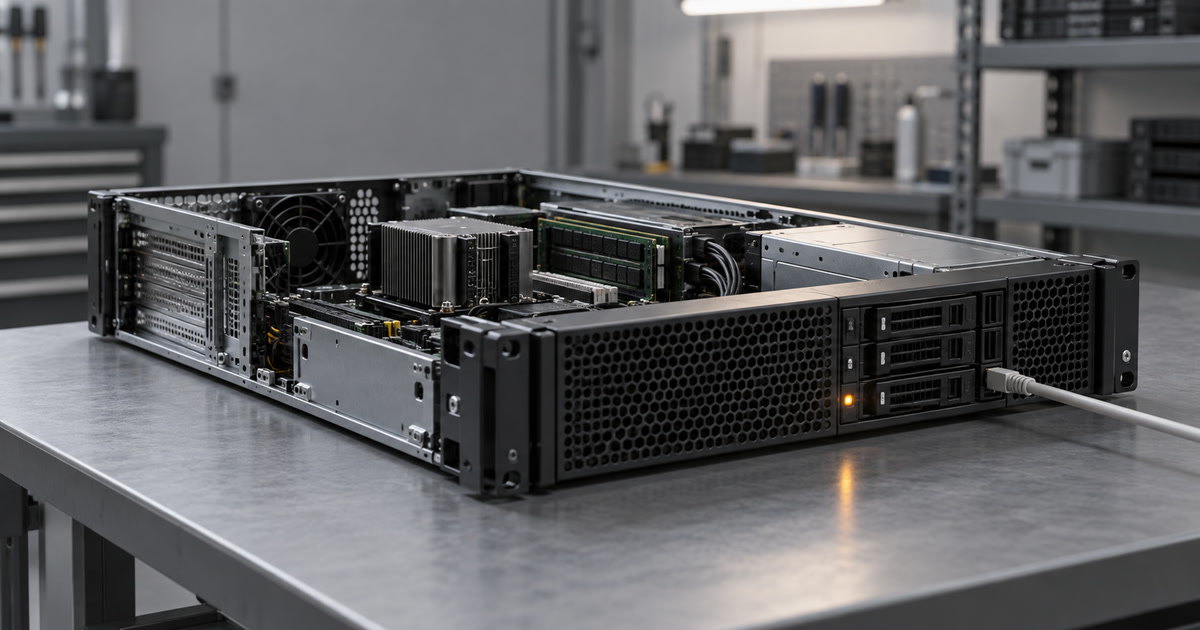 Serveur rack ouvert avec câble réseau et voyant ambre.