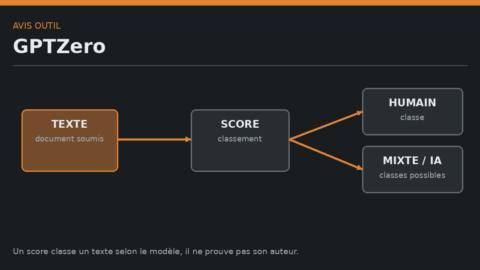 Schéma de GPTZero reliant un texte soumis à un classement humain, mixte ou IA.