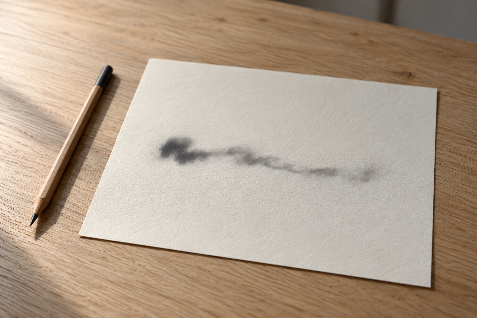 Photographie éditoriale : feuille de papier crème posée sur un bureau en bois clair, avec un crayon taillu00e9 à cu00f4tu00e9 et une trace du2019encre noire floue u00e9voquant un premier geste du2019u00e9criture u00e0 la main.