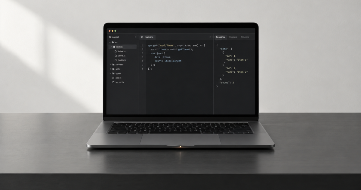 Ordinateur portable affichant une route API et une réponse JSON.