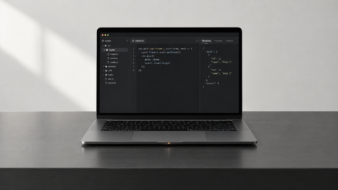 Ordinateur portable affichant une route API et une réponse JSON.