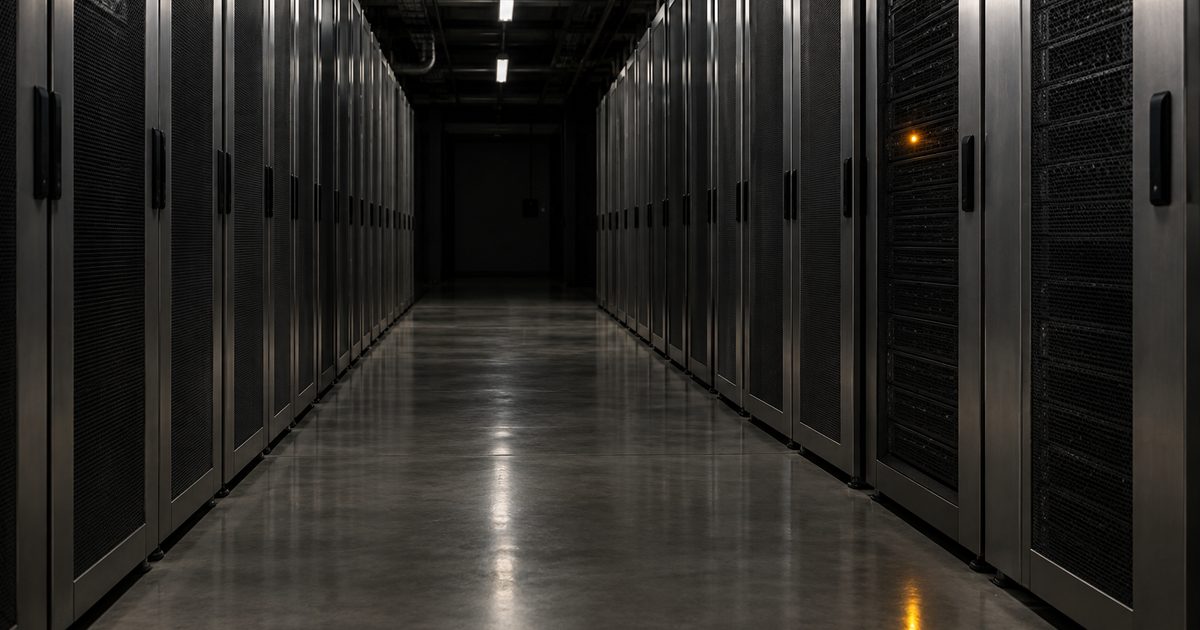 Baie de serveurs et composants électroniques dans une salle technique sombre.