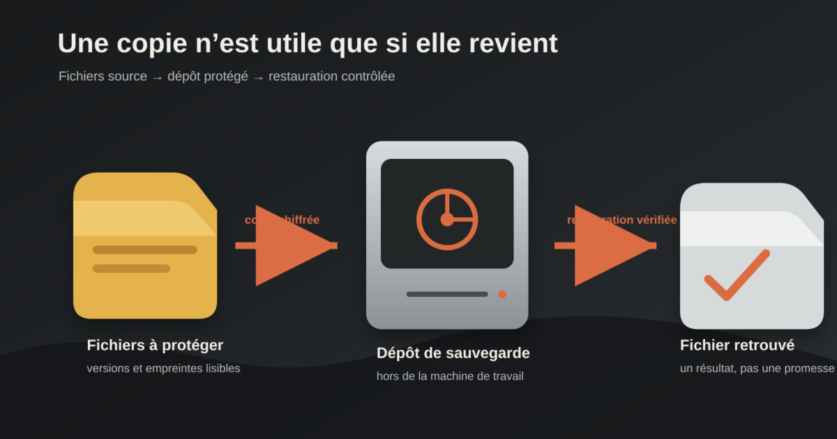 Schéma d'une sauvegarde reliant les fichiers à un dépôt externe puis à une restauration vérifiée