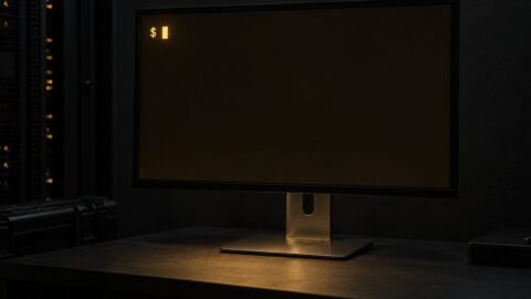 Terminal allumé dans une pièce sombre : invite et curseur ambre sur écran noir.