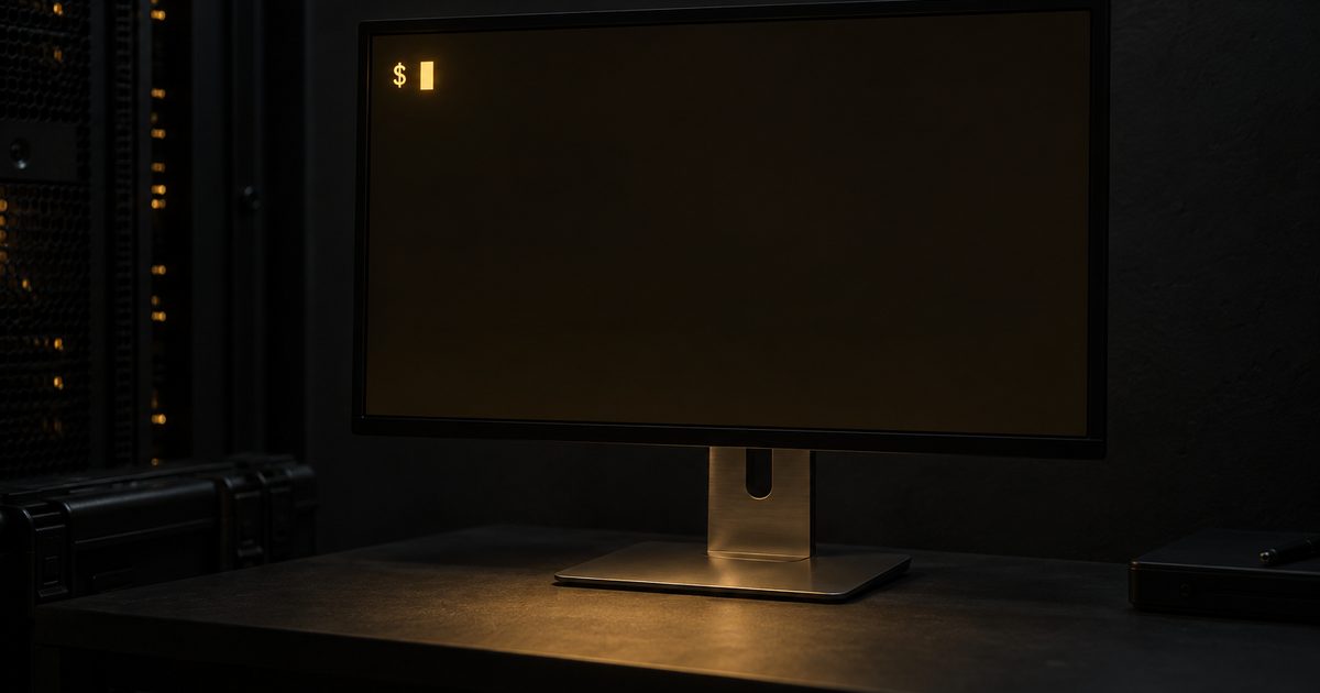 Terminal allumé dans une pièce sombre : invite et curseur ambre sur écran noir.