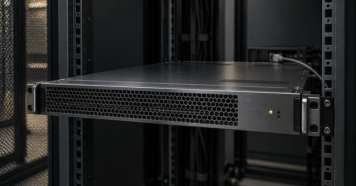 Serveur en rack avec câble réseau et voyant vert