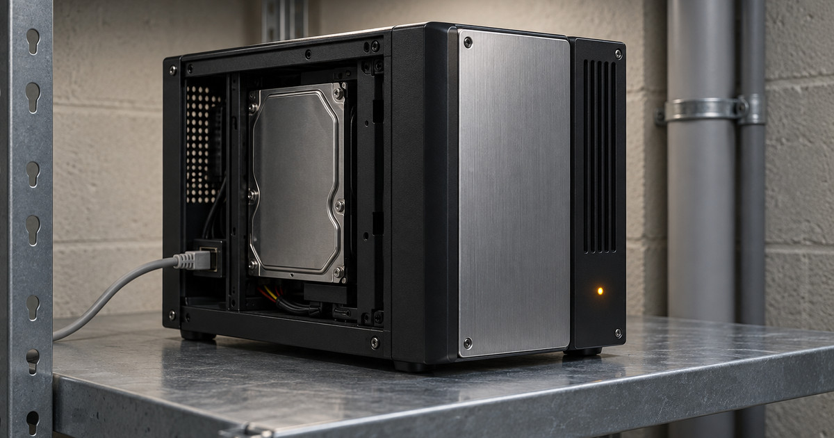 Serveur domestique en aluminium avec disque et câble Ethernet visibles