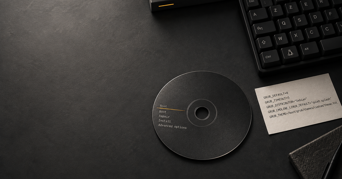 Disque de démarrage et fiche de configuration GRUB sur un clavier sombre