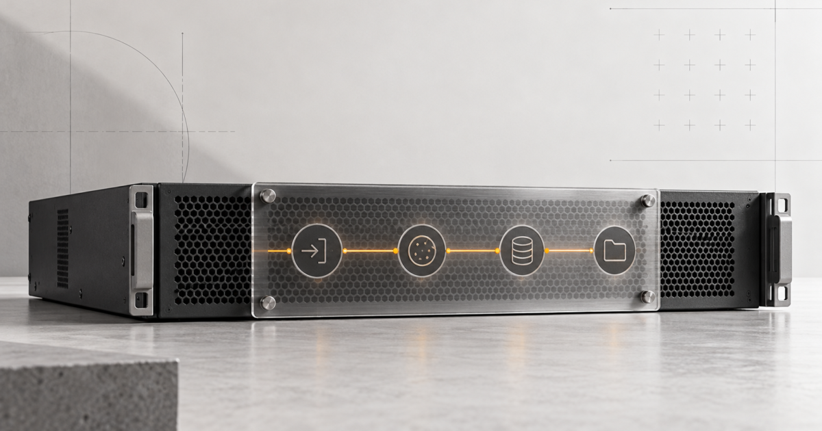 Module serveur graphite protégé par une plaque aluminium, avec quatre contrôles reliés par une ligne ambre.