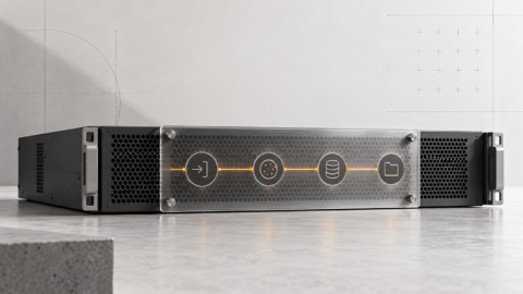 Module serveur graphite protégé par une plaque aluminium, avec quatre contrôles reliés par une ligne ambre.