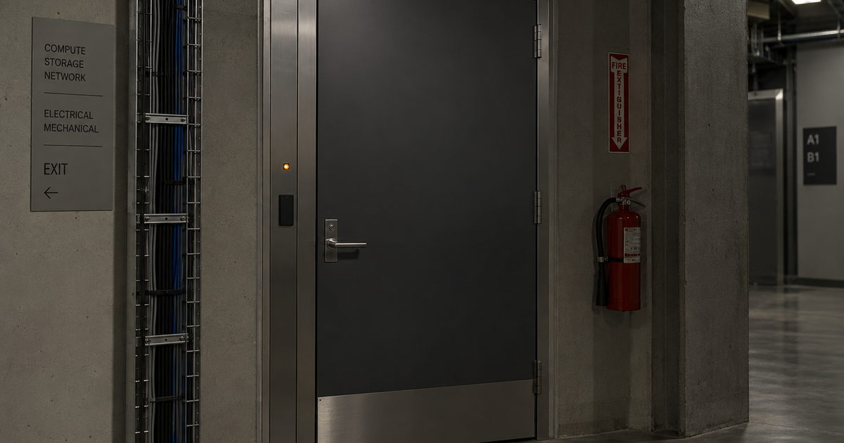 Porte métallique entrouverte sur une salle technique éclairée par un voyant ambre.