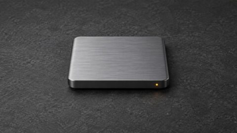 SSD externe en aluminium avec un voyant ambre sur un établi sombre
