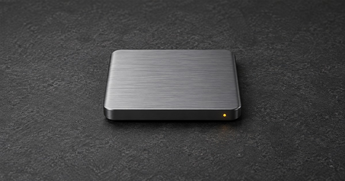 SSD externe en aluminium avec un voyant ambre sur un établi sombre