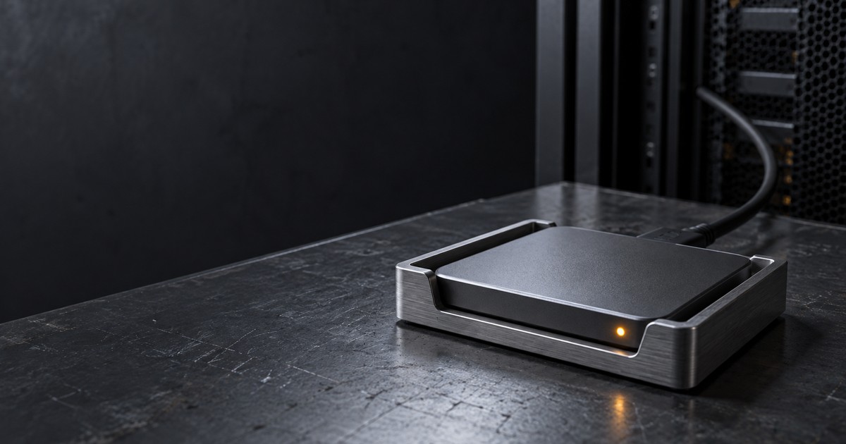 SSD externe en aluminium relié à une baie de stockage