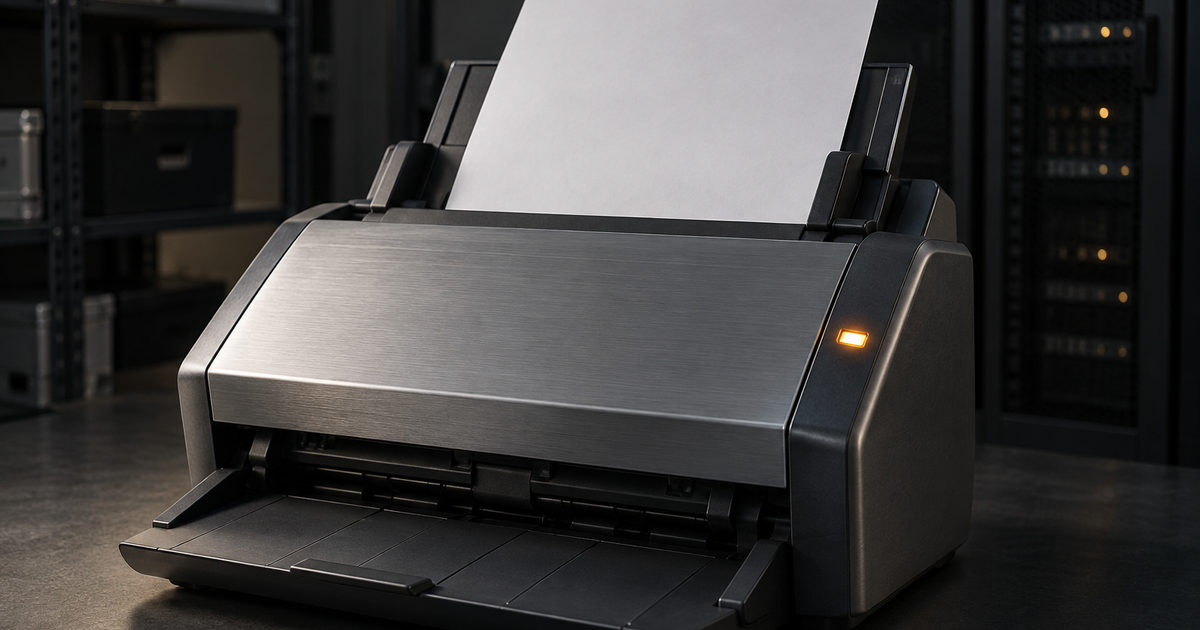 Scanner de documents en aluminium avec une feuille blanche et un voyant ambre.