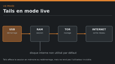 Schéma de Tails reliant une clé USB à la RAM, Tor et Internet sans disque interne.