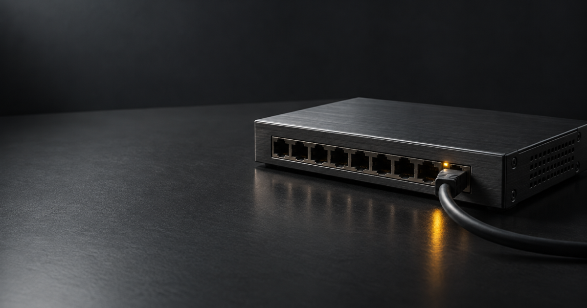 Boîtier réseau en aluminium graphite relié par un câble Ethernet, voyant ambre allumé.
