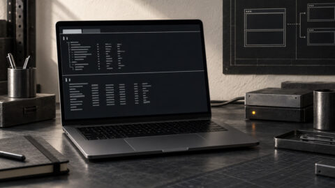 Ordinateur affichant une session tmux divisée en deux panneaux et une seconde fenêtre.