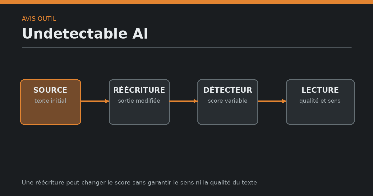 Schéma d'Undetectable AI reliant texte source, réécriture, score variable et lecture.