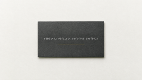 Carte graphite portant une suite hexadecimale et un trait ambre.