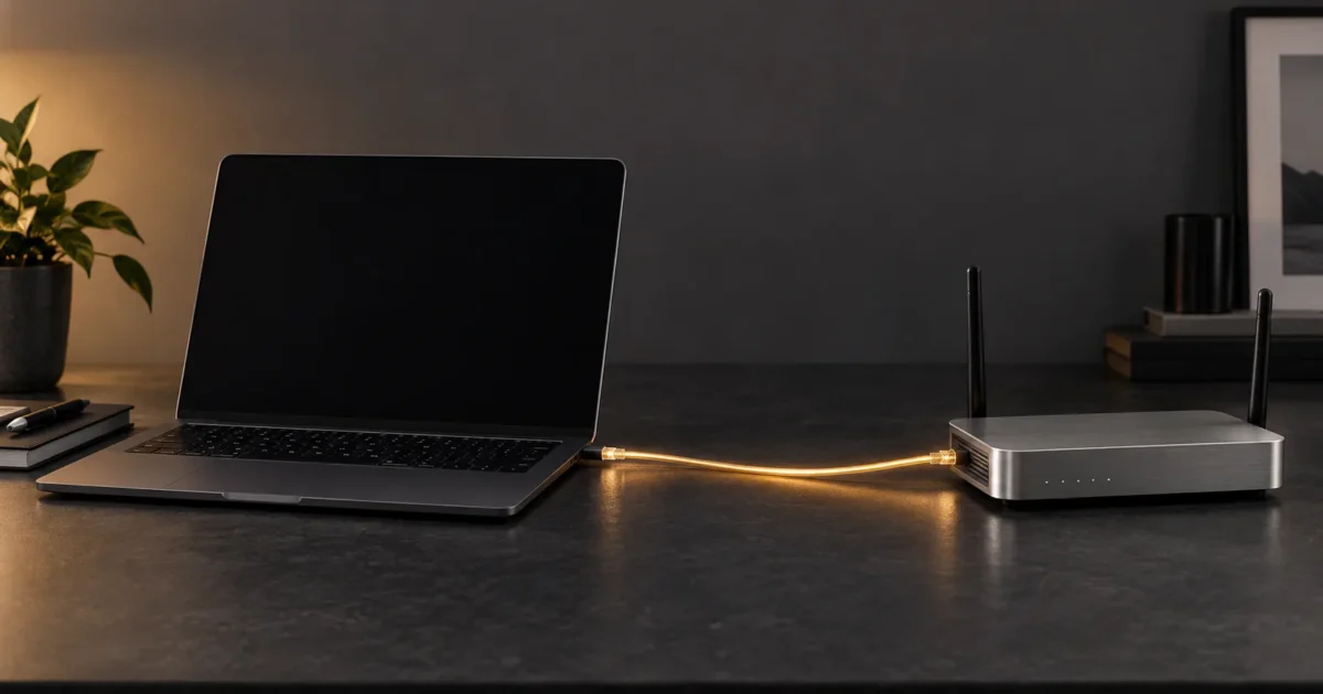 Ordinateur portable relié à un routeur par un trajet lumineux ambré