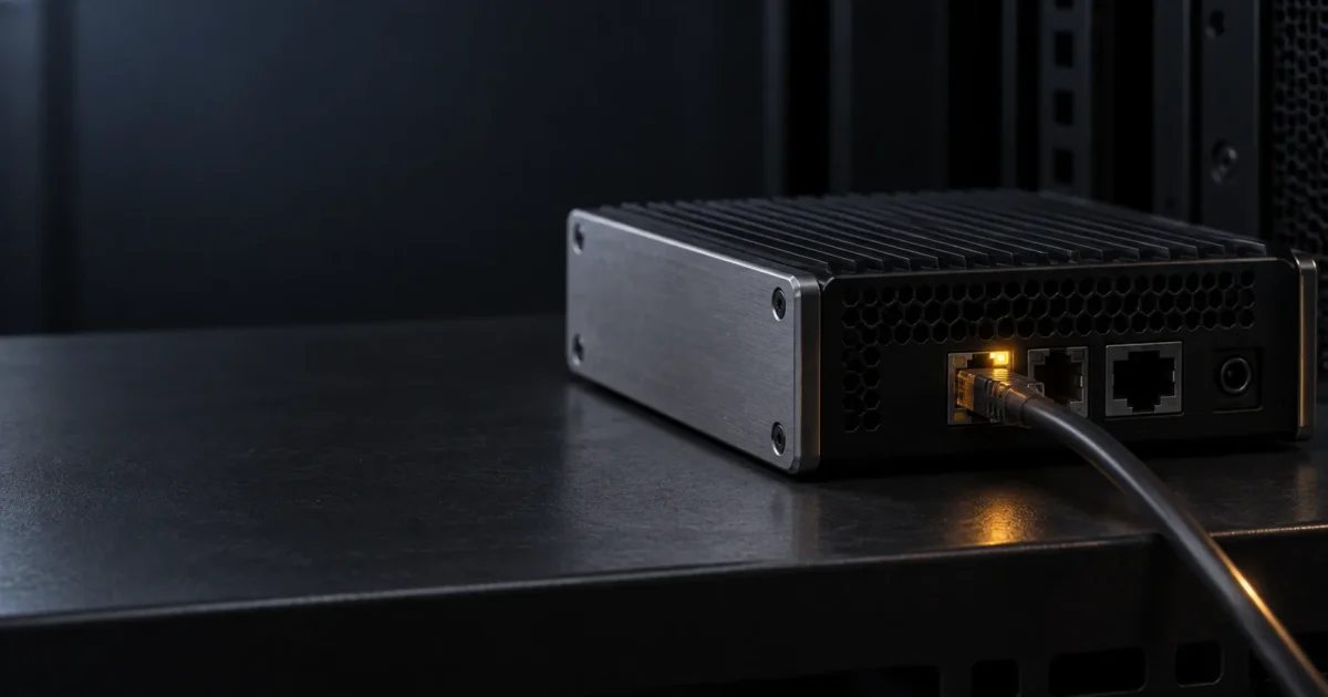 Boîtier réseau graphite relié par un câble Ethernet pour illustrer un tunnel WireGuard.