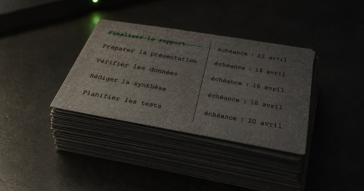 Illustration de couverture : une pile de fiches cartonnées anthracite posée sur une table graphite, un stylo graphite et un onglet vert qui dépasse de la première fiche barrée.