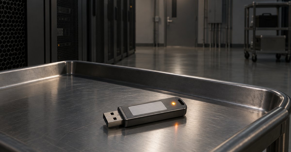 Clé USB amorçable posée sur un plateau métallique dans une salle technique.