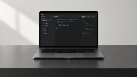 Ordinateur portable affichant une route API et une réponse JSON.