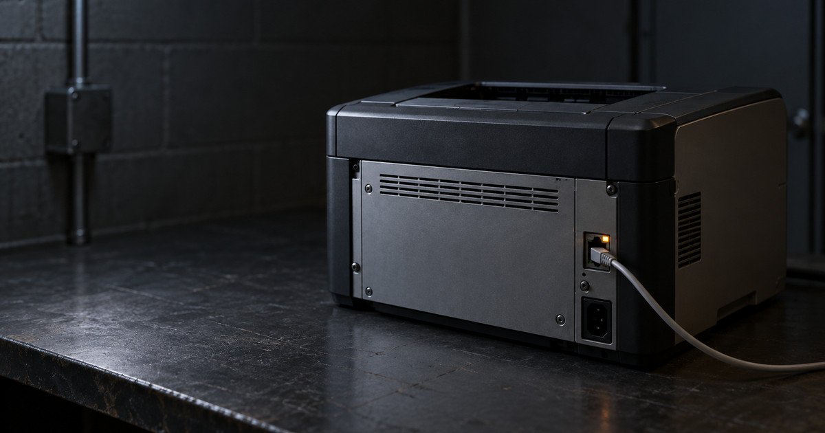 Imprimante réseau vue de dos, câble Ethernet branché et voyant ambre allumé.