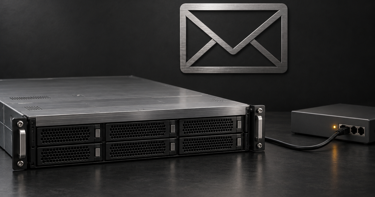 Serveur rack et boîtier réseau reliés par un câble, avec une icône d'enveloppe.