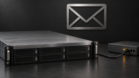 Serveur rack et boîtier réseau reliés par un câble, avec une icône d'enveloppe.